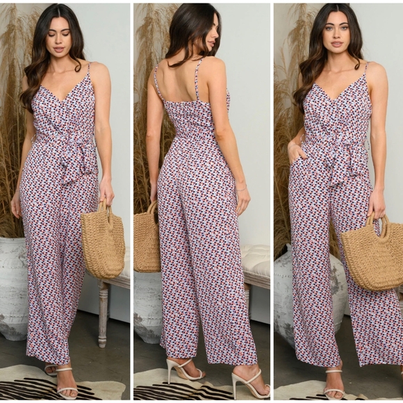 LAST ONE❗AMBITION Boho Chic Overlapping Dots Print Straight Leg Jumpsuit - Picture 2 of 6